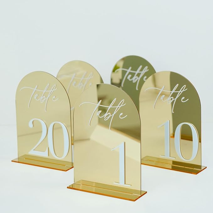 Gold Mirror Arch Acrylic Wedding table numbers 1-15 with Stands, 5"x7" Arched Acrylic Signs with White Numbers, Gold Mirror Table Numbers for Reception, Party, Anniversary, Event