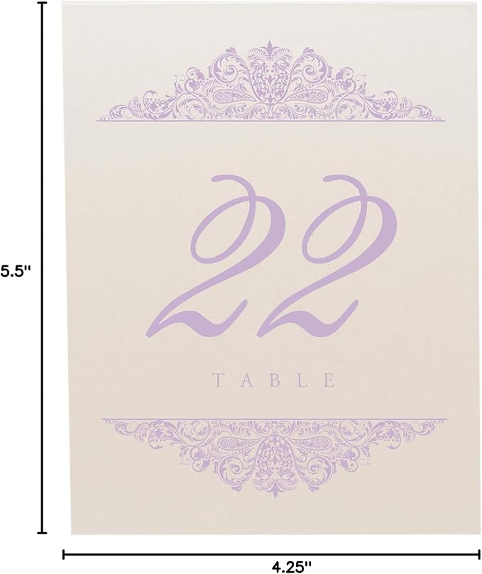Paisley Wedding Table Numbers (Select Color/Quantity), Champagne, Lavender, 1-125, Double Sided, Tent or Use in a Stand, Great for Parties & Restaurants - Made in the USA