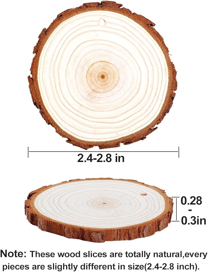wohohoho 24pcs 2.4-2.8 inches Natural Wood Slices, Unfinished Craft Wood Kit Predrilled with Hole Thickened Wooden Circles with Bark for DIY Ornaments Christmas Wedding Decorations Wood Coasters Tags