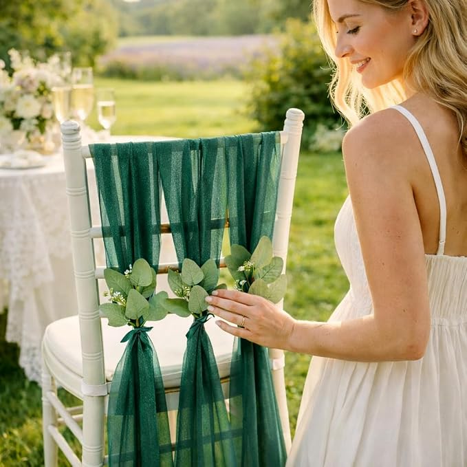 QueenDream Emerald Green Chair Sashes Wedding Aisle Decorations: 24 Packs 8ft Long Draping Fabric Sheer Church Chair Cover Bulk for Party Banquet