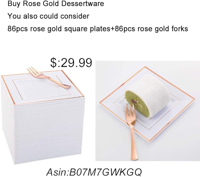 WDF-125PCS Rose Gold Plastic Silverware&Disposable Plastic Plates - Disposable Plates include 25 Dinner Plate,25 Salad Plate,25 Forks, 25 Knives, 25 Spoons for Mother's Day Wedding Party Birthday