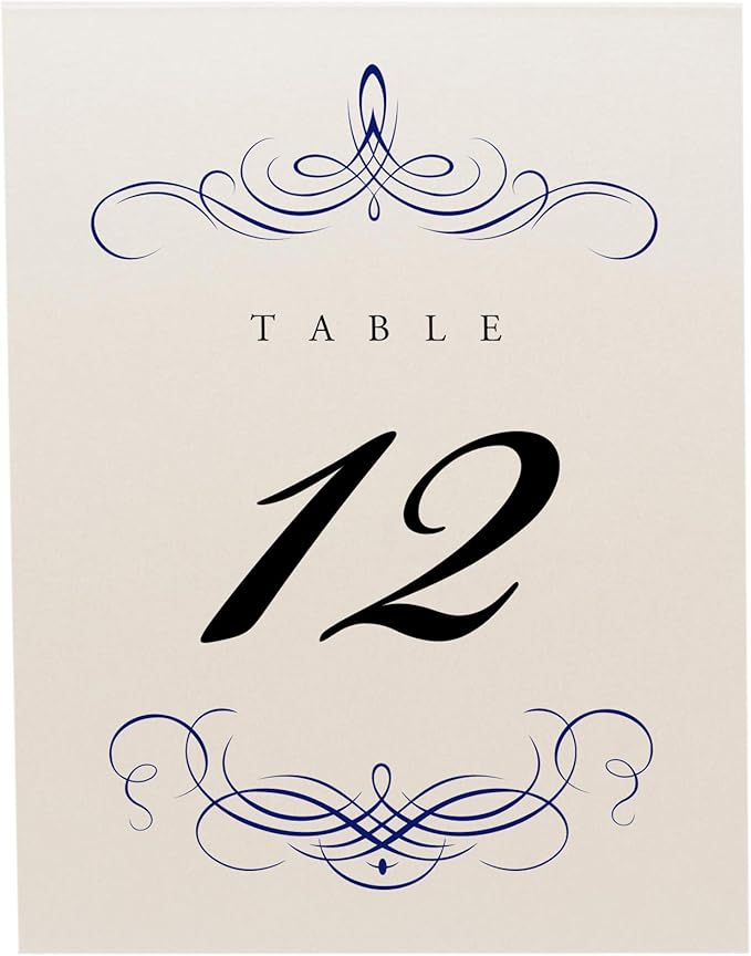 Decadent Flourish Wedding Table Numbers (Select Color/Quantity), Champagne, Navy, 1-175, Double Sided, Tent or Use in a Stand, Great for Parties & Restaurants - Made in the USA