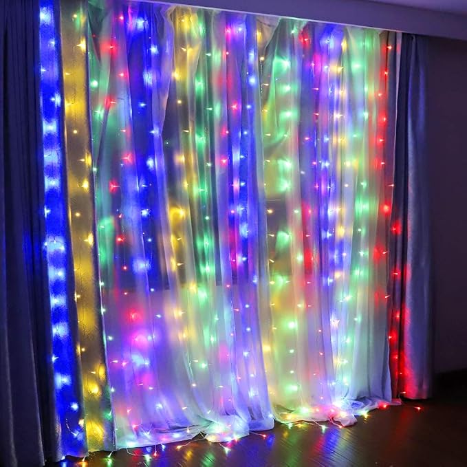 HEYFUNi Fairy Curtain Lights Plug in, 304 LED 9.8FT x 9.8FT 30V Multicolor | 8 Modes Backdrop Window Lights with Memory, Waterfall lights for Bedroom, Home, Wedding, Christmas, Party, Patio, Dorm Decor