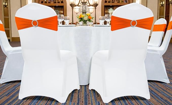 VDS - Orange | Spandex Chair Sashes Bows | 100 PCS | Stretch Elastic Banquet Universal Folding Chair Band Tie with Silver Buckle Slider for Wedding Party Conference Celebration Event Decoration