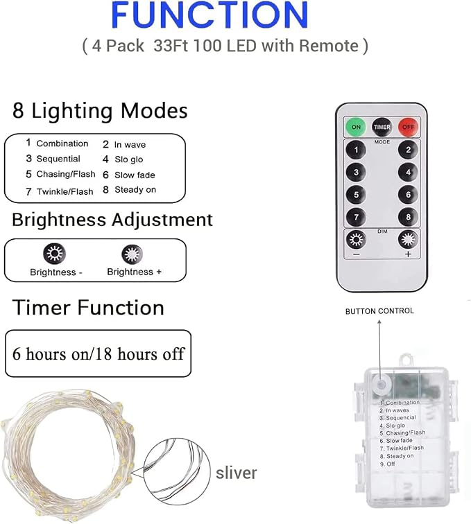 4 Pack 100 LED Fairy Lights Battery Operated with Remote, 33FT Waterproof Twinkle Lights with Timer & 8 Modes, Fairy String Lights Outdoor Indoor for Bedroom Classroom DIY Christmas Decor (Blue)