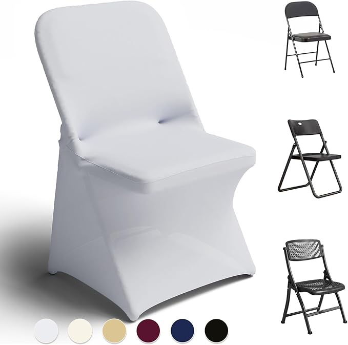 Trlyc Spandex Folding Chair Covers 30 Pcs Universal Fitted Stretchy Dining Chair Slipcovers for Wedding Party Banquet Flat-Front Chair Cover (White)