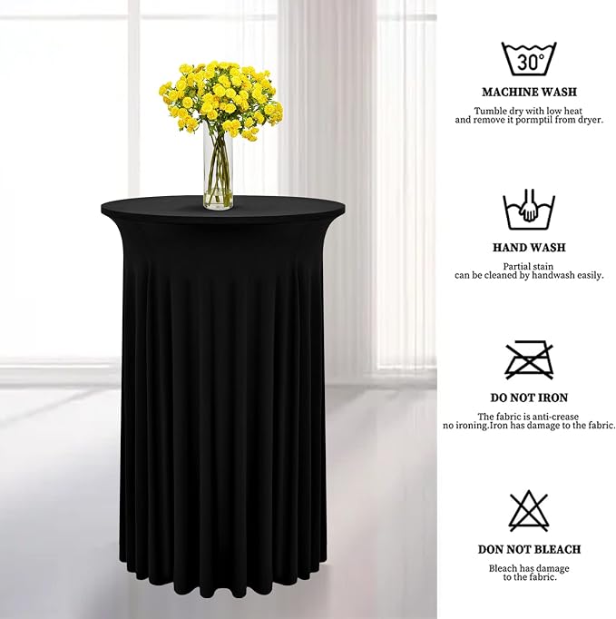10 Packs Round Cocktail Table Skirt 32"x 43" Black Spandex Stretch Cocktail Table Skirt Cocktails Tablecloth with Wavy Drapes, Spandex Fitted High Top Tables Covers for Wedding Bar Banquet Party