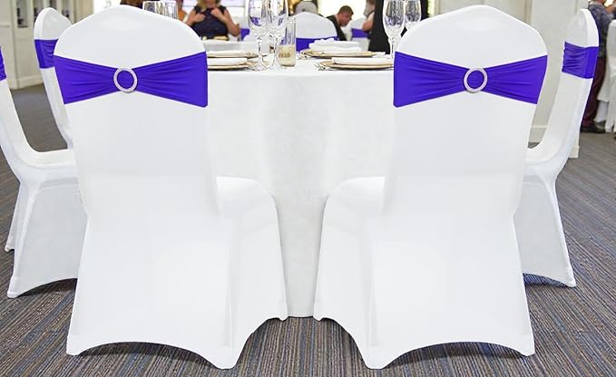 VDS - Royal Blue | Spandex Chair Sashes Bows | 200 PCS | Stretch Elastic Banquet Universal Folding Chair Band Tie with Silver Buckle Slider for Wedding Party Conference Celebration Event Decoration