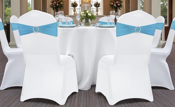 VDS - Blue | Spandex Chair Sashes Bows | 50 PCS | Stretch Elastic Banquet Universal Folding Chair Band Tie with Silver Buckle Slider for Wedding Party Conference Celebration Event Decoration
