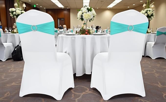 VDS - Aqua Blue | Spandex Chair Sashes Bows | 75 PCS | Stretch Elastic Banquet Universal Folding Chair Band Tie with Silver Buckle Slider for Wedding Party Conference Celebration Event Decoration