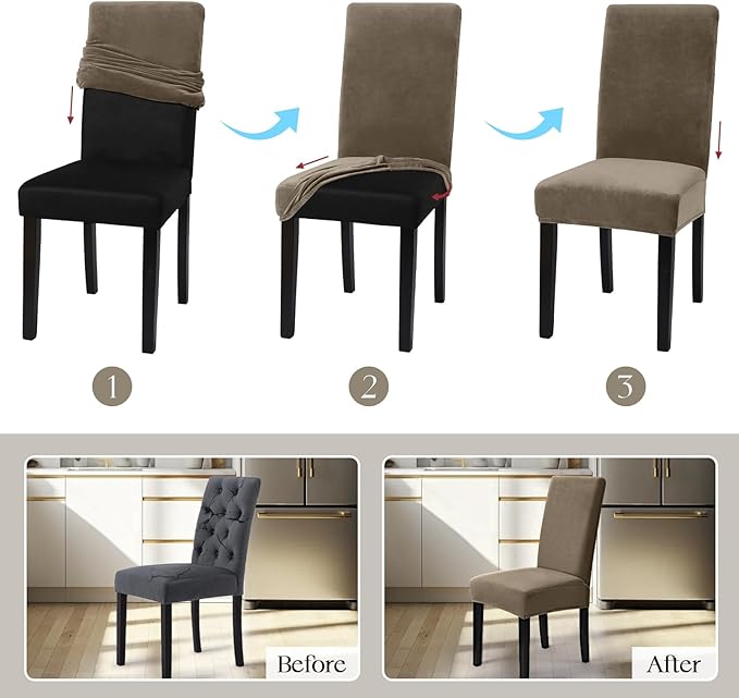 MOSAYT Velvet Stretch Chair Covers for Dining Room Set of 4 - Soft Slipcovers with Thick Removable Fabric for Parsons Chairs, Washable Seat Protectors for Kitchen, Banquet & Home Decor, Taupe