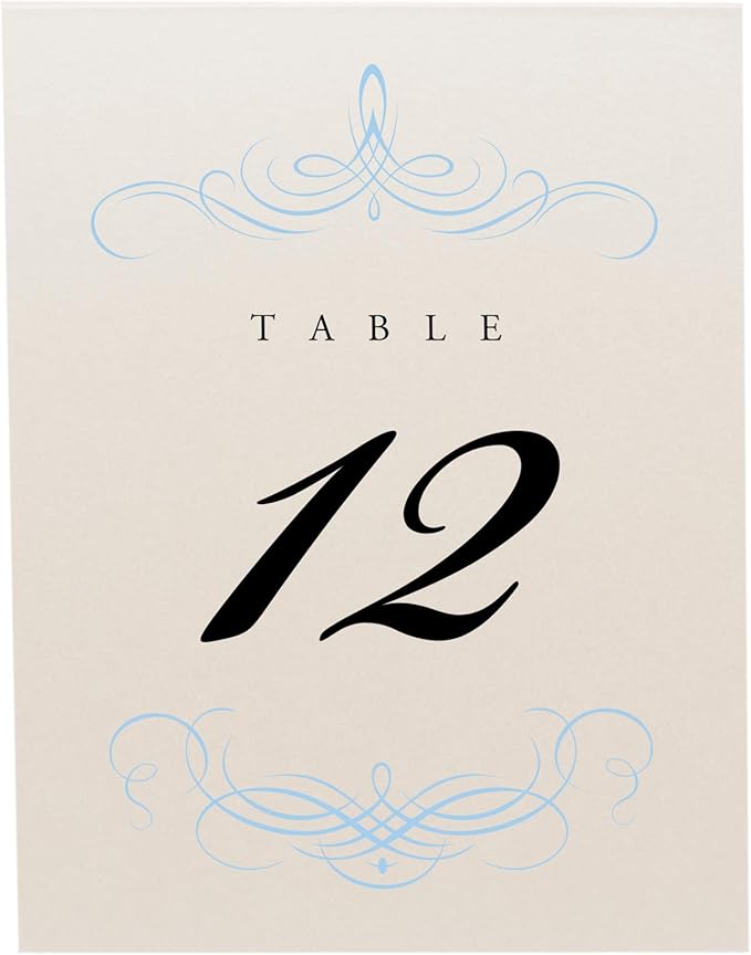 Decadent Flourish Wedding Table Numbers (Select Color/Quantity), Champagne, Light Blue, 1-40, Double Sided, Tent or Use in a Stand, Great for Parties & Restaurants