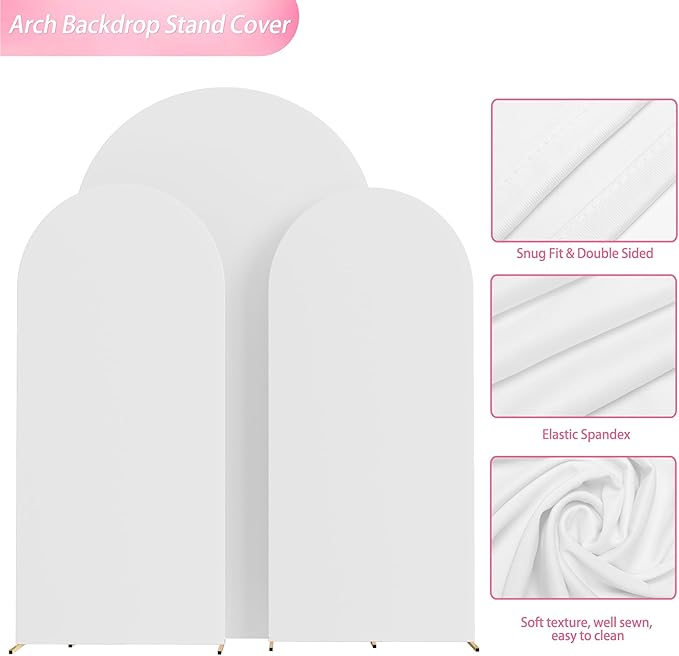 Wokceer Wedding Arch Backdrop Cover 7.2FT, 6FT, 6FT Spandex Set of 3 Wedding Arch Stand Covers Round Top Chiara Backdrop Stands Cover for Birthday Party Ceremony Banquet Decor White
