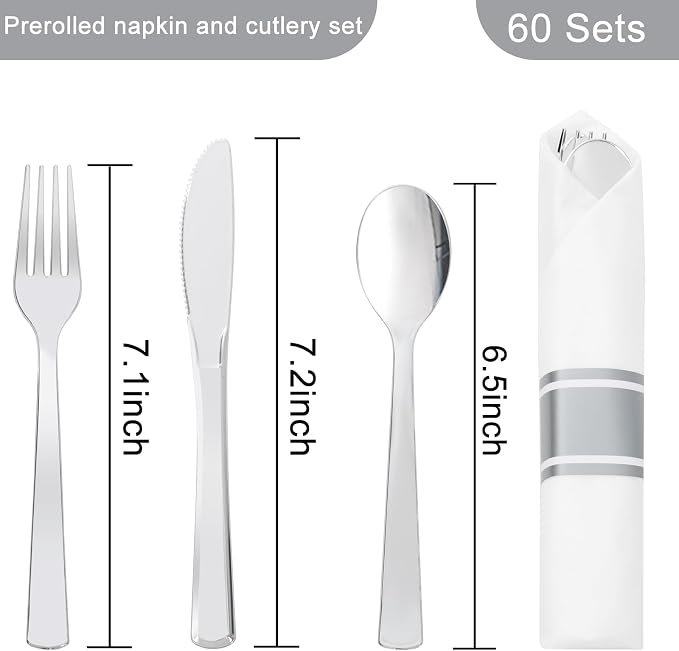 EI 60Pack Pre Rolled Silver Plastic Silverware Disposable Rolled Cutlery with Napkins,Sliver Plastic Wrapped Silverware Disposable Heavy Duty Perfect for Tea Party,Wedding,Spring,Valentine's Day