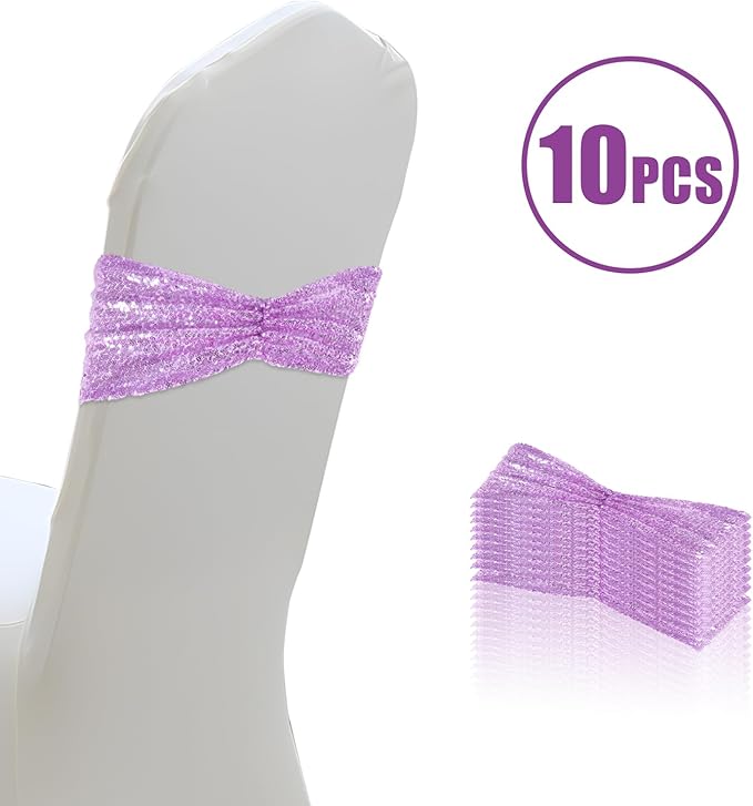 Eternal Beauty 10 Pack Sequin Chair Sashes Glitter Band Lavender Chair Sashes for Wedding Cover Decoration