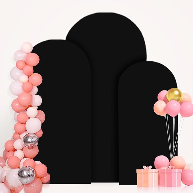 FANPROMS Spandex Arch Backdrop Cover Set of 3 Black Wedding Arch Stand Cover 5FT 6FT 7FT for Arched Frame Decor 2 Sided Arch Stand Covers Backdrop Fabric Round Top Arched Covers for Wedding Ceremony