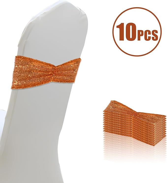 Eternal Beauty Set of 10 Orange Chair Sash Band Bows Sequin Chair Sashes for Wedding Cover Decorations