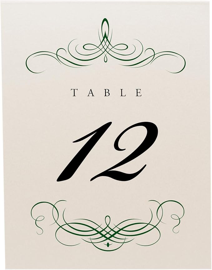 Decadent Flourish Wedding Table Numbers (Select Color/Quantity), Champagne, Hunter Green, 1-30, Double Sided, Tent or Use in a Stand, Great for Parties & Restaurants