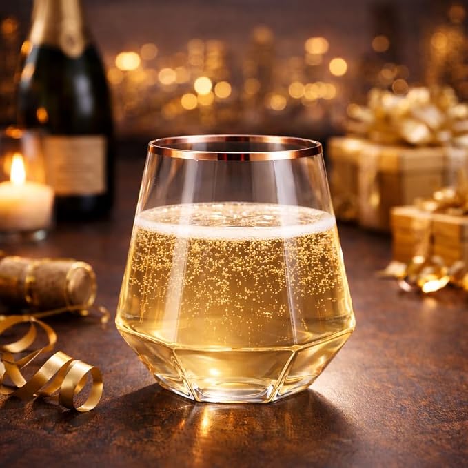 Oojami 40 Pack Plastic Disposable Wine Glasses 12 oz Diamond Stemless Rose Gold Rim - Shatterproof Unbreakable BPA-Free Recyclable Reusable Cups for Weddings Parties Birthday Champagne Cocktail