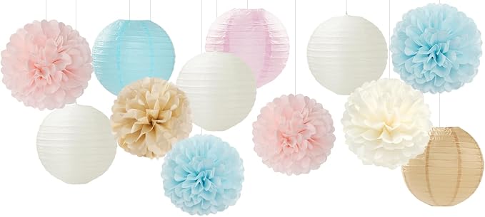 Light-Blue Pink Champagne Gender-Reveal Party-Decorations - 15pcs Boy Or Girl Paper Flowers Tissue Pom Poms Lanterns Streamers,Birthday Bear Baby Shower Neutral Hanging Supplies Decor Hugfond