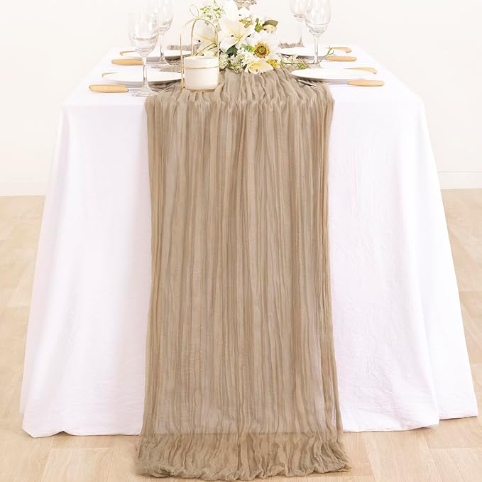 MLMC 2 Pack Nude Cheesecloth Table Runner 10ft Boho Gauze Taupe Cheese Cloth Table Runner Rustic Neutral Centerpiece Decor 35x120 Inches for Wedding Farmhouse Reception Home Decor