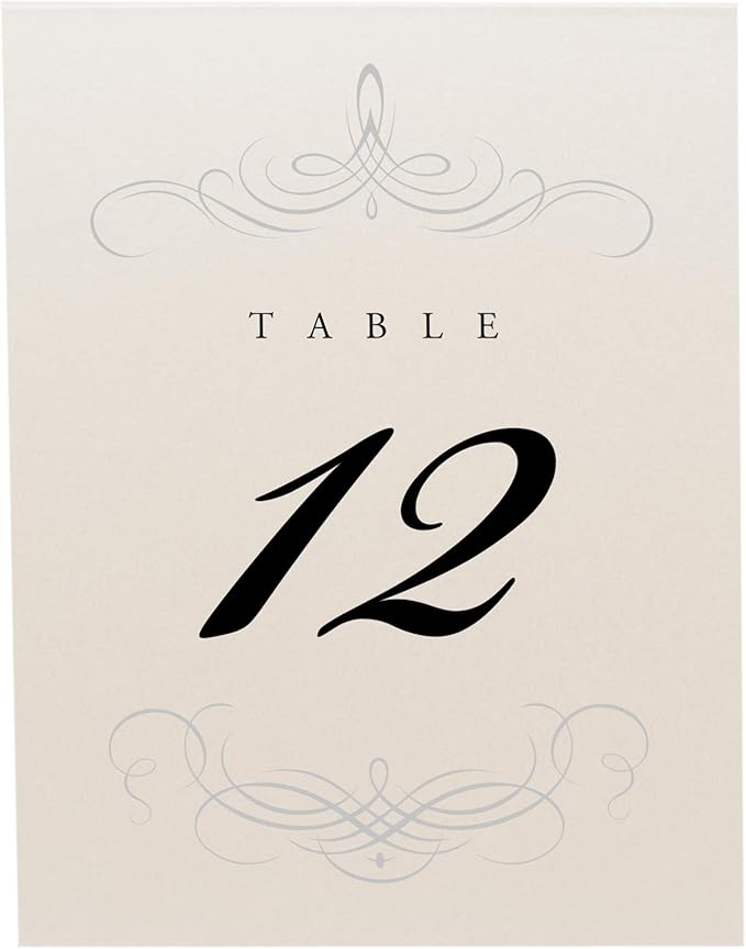 Decadent Flourish Wedding Table Numbers (Select Color/Quantity), Champagne, Silver, 1-110, Double Sided, Tent or Use in a Stand, Great for Parties & Restaurants - Made in the USA