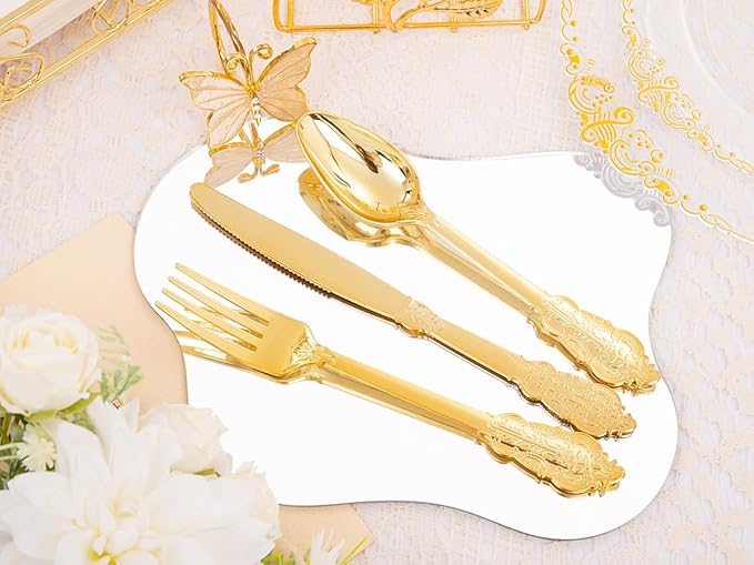 Hioasis 175pcs Clear and Gold Plastic Plates - Elegant Disposable Dinnerware Set Suitable for 25 Guests Include 10.25" Dinner & 7.5" Dessert Plates, Pre Rolled Silverware Set, Cups for Party & Wedding