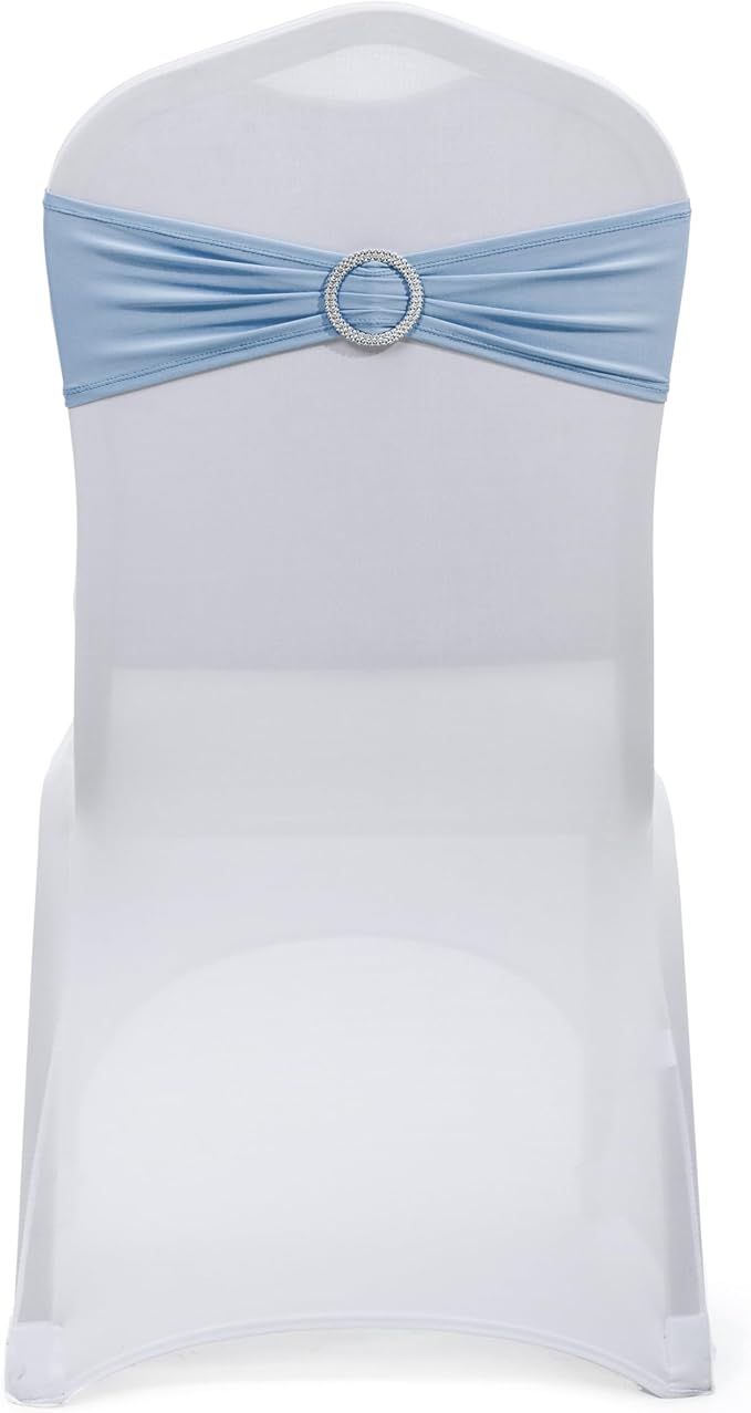 MDS Pack of 100 Spandex Chair Sashes Bow Premium Stretch Chair Cover Band with Buckle Slider Universal fits Elastic Dining Chair Ties for Wedding Party Banquet Events Decoration - Baby Blue