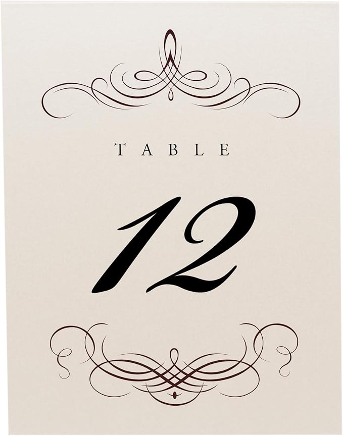 Decadent Flourish Wedding Table Numbers (Select Color/Quantity), Champagne, Chocolate, 1-40, Double Sided, Tent or Use in a Stand, Great for Parties & Restaurants