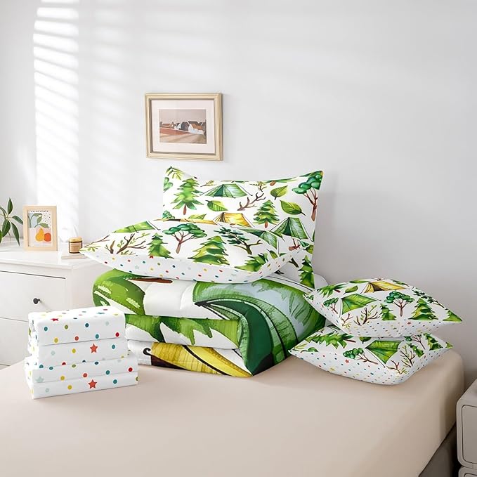 jejeloiu Happy Camping Comforter Set with Sheets Queen Size 7 Pieces Kids Summer Tree Branches Woodland Bedding Set for Boys Girls Leaves Pattern Nature Theme Bed in a Bag Room Decor