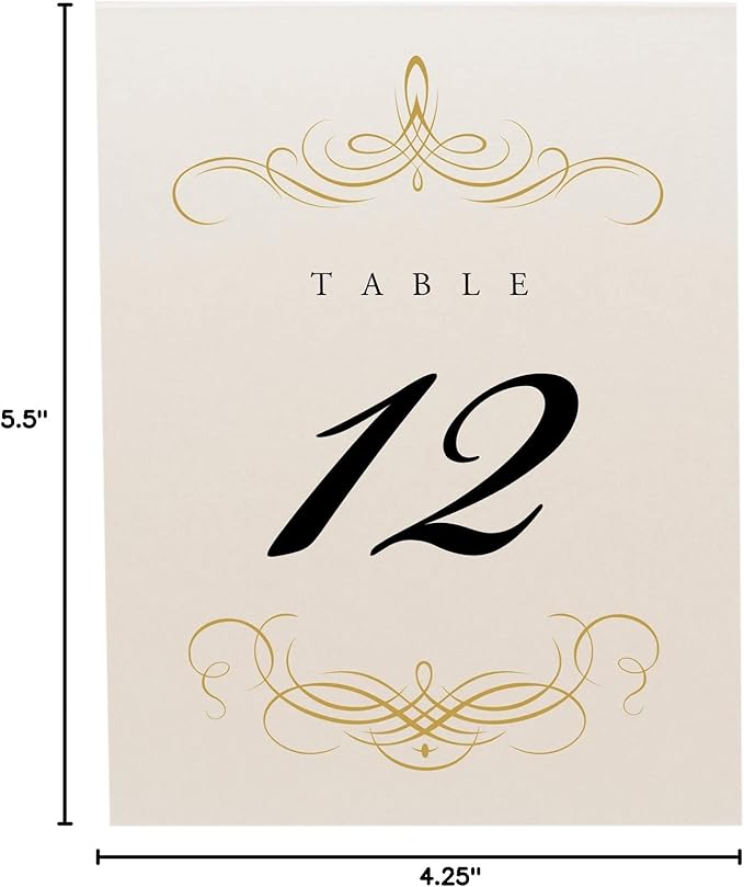 Decadent Flourish Wedding Table Numbers (Select Color/Quantity), Champagne, Gold, 1-100, Double Sided, Tent or Use in a Stand, Great for Parties & Restaurants - Made in the USA