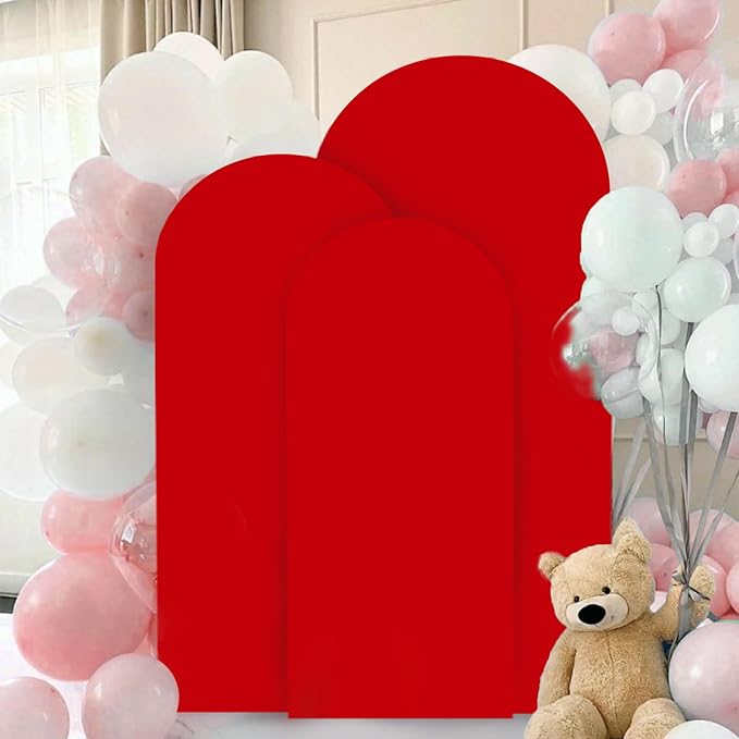 FANPROMS Arch Covers Set of 3 Red Wedding Arch Cover 7.2FT 6.6FT 6FT Arch Spandex Covers for Metal Frame Stand Balloon Arched Stand Cover Round Top Backdrop Fabric for Wedding Birthday Party Decor