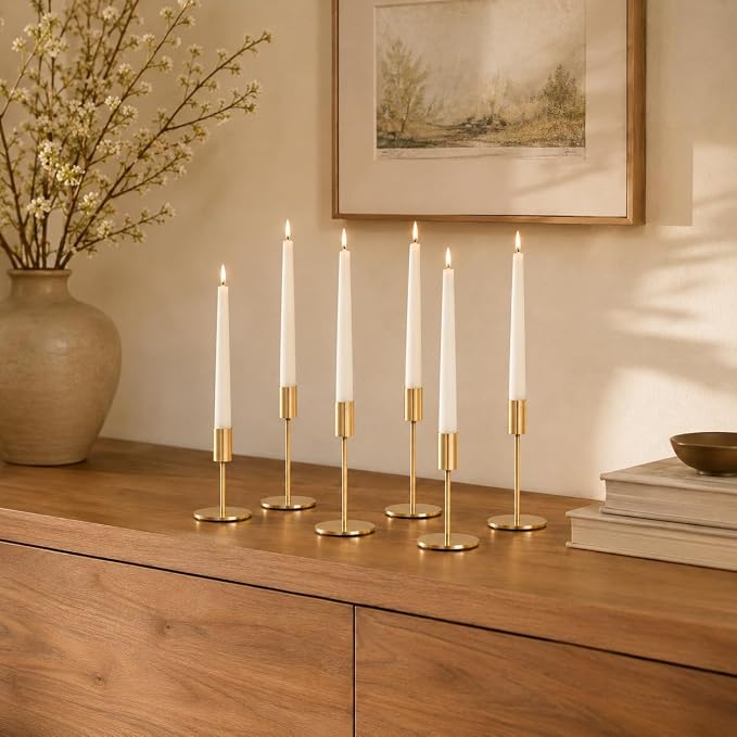 zeochyni French Gold Taper Candle Holders Set of 6, Tall Metal Candlestick Holders in 3 Heights with Weighted Base for Wedding Table Centerpiece, Dining Table, Mantel Decor and Housewarming Gift