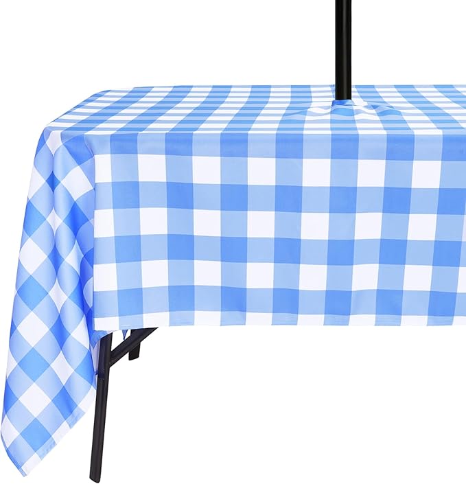 Poise3EHome Rectangle Outdoor Tablecloth with Umbrella Hole and Zipper,Blue Gingham 104x60 Inch,Polyester SpillProof Washable Table Cloth for Spring Summer Patio Garden Poolside Picnic Camping BBQS