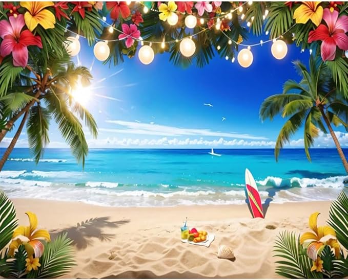 10x8ft Summer Beach Hawaiian Backdrop Tropical Palm Flower Seaside Scenery Hawaiian Photography Background Luau Party Decorations Backdrops Banner Studio Photo Booth Props