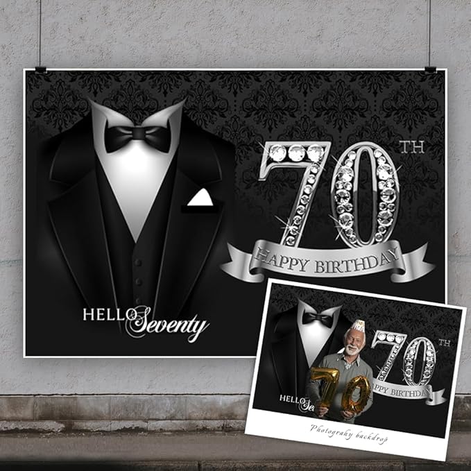 10x6.5ft Men 70th Birthday Tuxedo Backdrop Black Necktie Suit Tuxedo Silver Diamonds 70th Happy Birthday Photography Background Hello Seventy Father Grandpa Luxury Birthday Party Supplies
