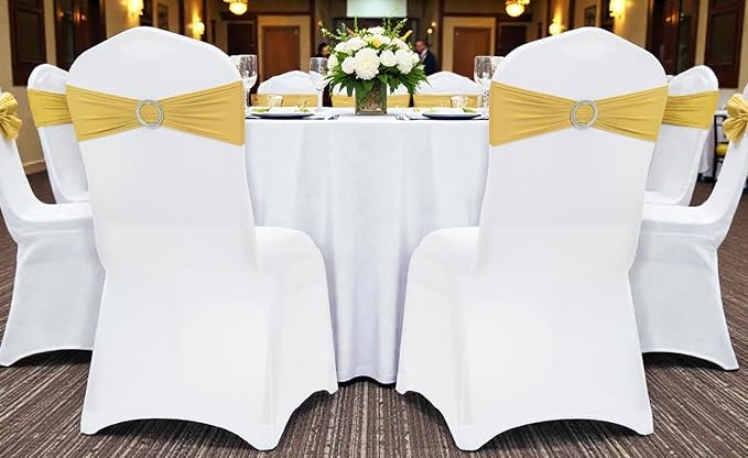 VDS - Gold | Spandex Chair Sashes Bows | 300 PCS | Stretch Elastic Banquet Universal Folding Chair Band Tie with Silver Buckle Slider for Wedding Party Conference Celebration Event Decoration