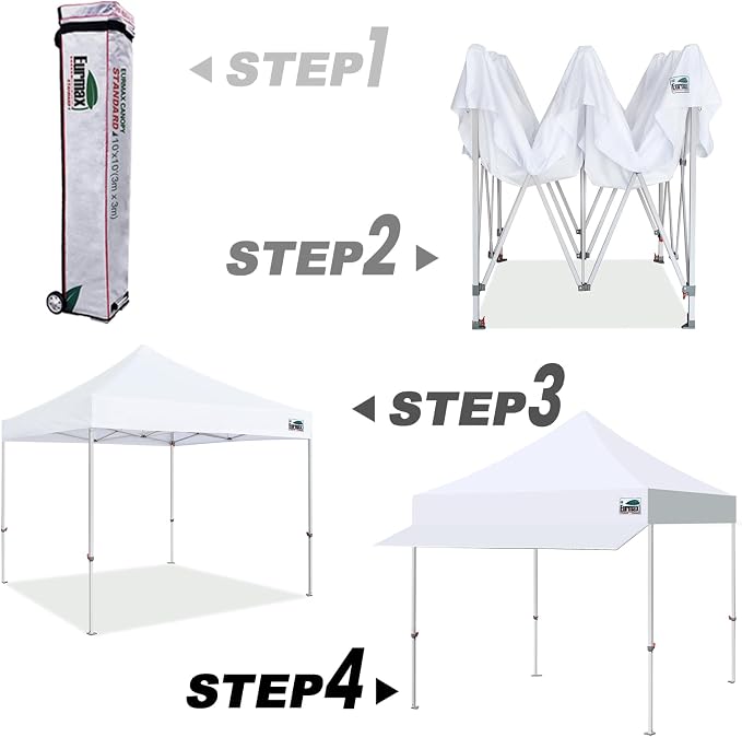 Eurmax USA 10x10 Pop Up Canopy Tent, Commercial Grade Event Tent with Patented No-Tip Rolling Bag, 30sqft Extension Awning, UV-Shield Fade & Water Resistant Top (White)