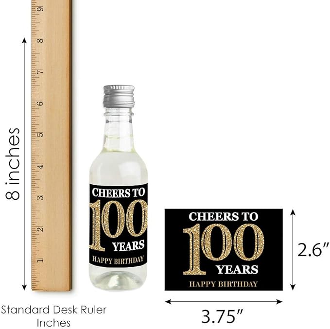 Big Dot of Happiness Adult 100th Birthday - Gold - Mini Wine and Champagne Bottle Label Stickers - Birthday Party Favor Gift for Women and Men - Set of 16