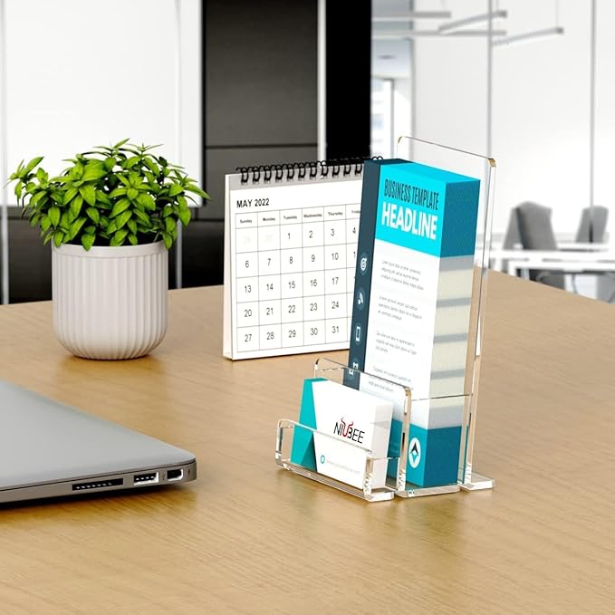NIUBEE 6-Pack Acrylic Brochure Holder 4‘’ , Clear Brochure Display Stand with Acrylic Business Card Holder, Plastic Flyer Display Stand for Magazine, Pamphlet, Booklets, Menu, Journals, Business Card
