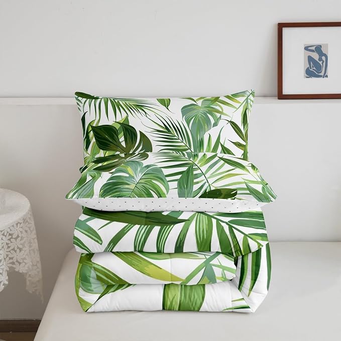 jejeloiu Green Palm Leaf Comforter Set Twin Size Kids Green Tropical Leaves Pattern Bedding Set for Boys Girls Summer Tree Branches Nature Theme Duvet Quilt Room Decor