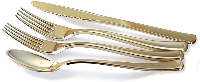 " OCCASIONS " 150pcs set (25 Guests)-Wedding Plastic Plates & cutlery -Disposable heavyweight Dinnerware 10.25'', 7.5'' + Silverware w/double fork (Rochelle Seafoam/Mint and Gold))