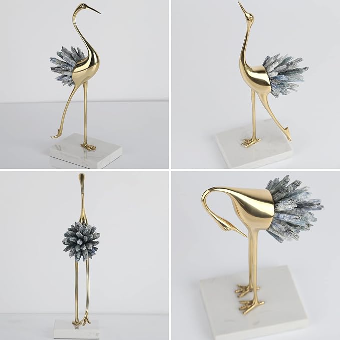 suruim Elegant Gold Crane Bird Statues with Crystal Tail Accents, Decorative Brass Figurines for Home Decor (Blue B)