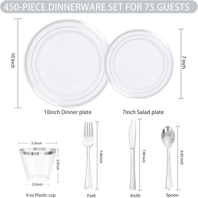 WELLIFE 450 PCS Silver Disposable Dinnerware Set for 75 Guests, Wedding Plates Silver Plastic Plates for Party, Including 75 Dinner Salad Plates, Cups, Forks Knives Spoons for Wedding and Party