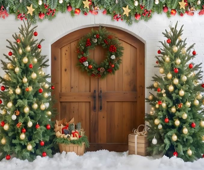 Christmas Photo Backdrop 10x8ft Rustic Christmas Barn Door Photography Backdrop Xmas Trees Gifts Ornaments Background Merry Christmas Party Decor Banner Family Photo Studio Booth Props