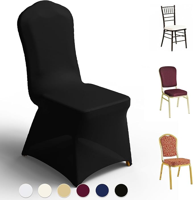 Trlyc 50 Pcs Spandex Chair Covers for Dining Chairs Stretch Polyester Dining Chairs Slipcovers for Wedding Party Decor Banquet Flat-Front Chair Cover (Black)