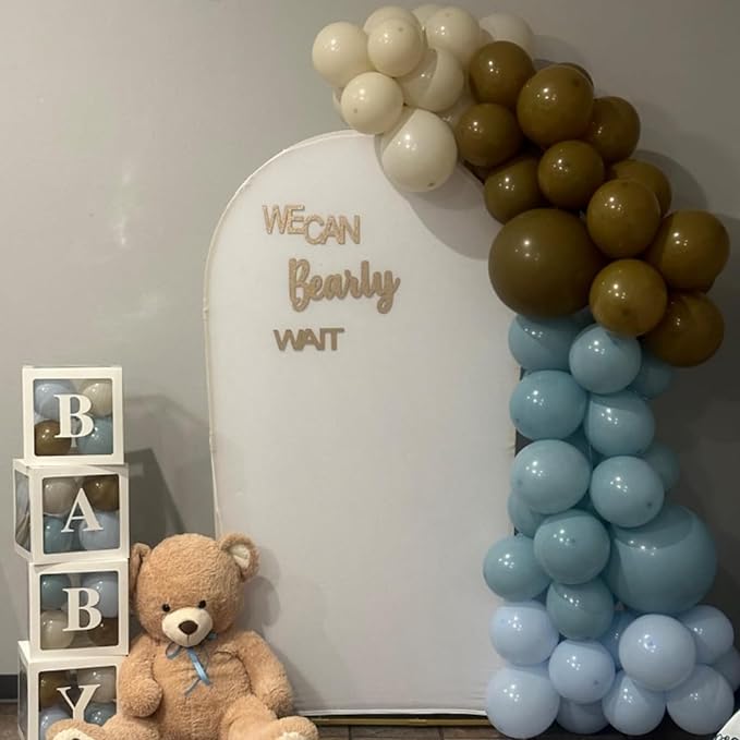 Double Stuffed Dusty Blue Brown Balloon Arch Kit, Neutral Balloon Garland Pastel Baby Blue Dark Brown White Sand Beige Tan Latex Balloons for Boys Baby Shower Teddy Bear Birthday Party Decorations
