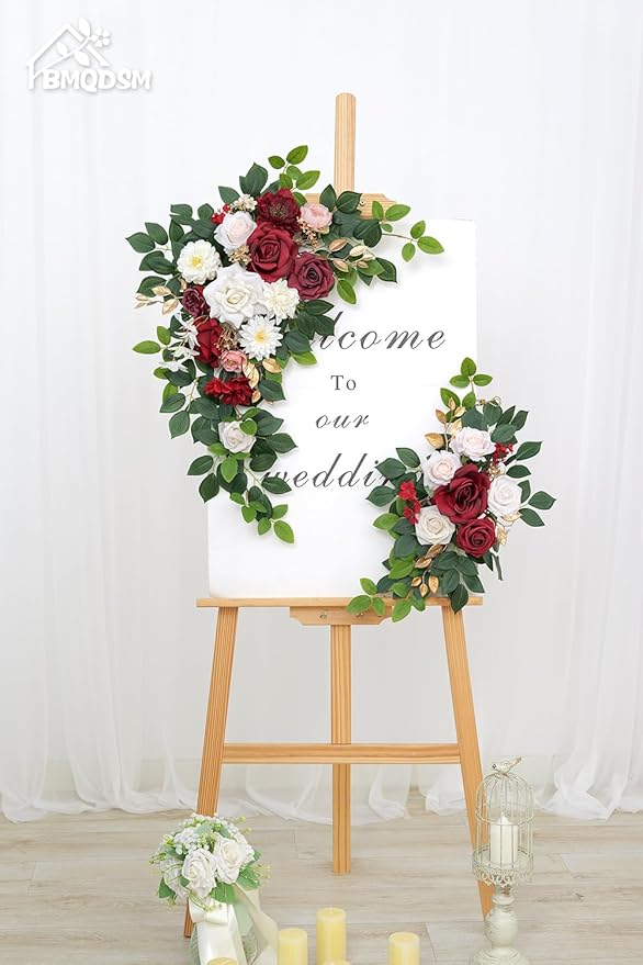Pack of 2 Artificial Flowers for Backdrop Decoration, Wedding Arch Flowers,Reception Welcome Sign, Eucalyptus Garland, Suited to Aisle Decor and Wedding Arches (Red White)