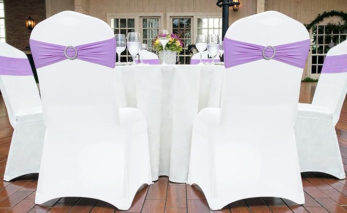 VDS - Lavender | Spandex Chair Sashes Bows | 10 PCS | Stretch Elastic Banquet Universal Folding Chair Band Tie with Silver Buckle Slider for Wedding Party Conference Celebration Event Decoration