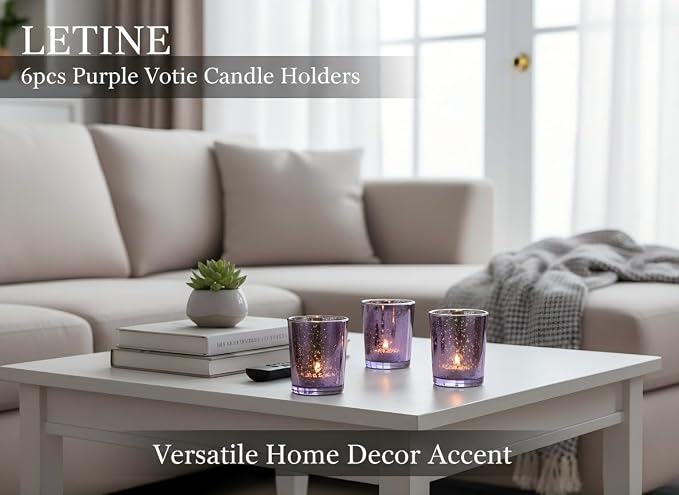 LETINE 6pcs Purple Votive Candle Holders – Standard Votive Size for Regular Votive Candles– Tea Light Candles Holderfor Home Decor, Garden Party Decorations, Engagement Table Decorations